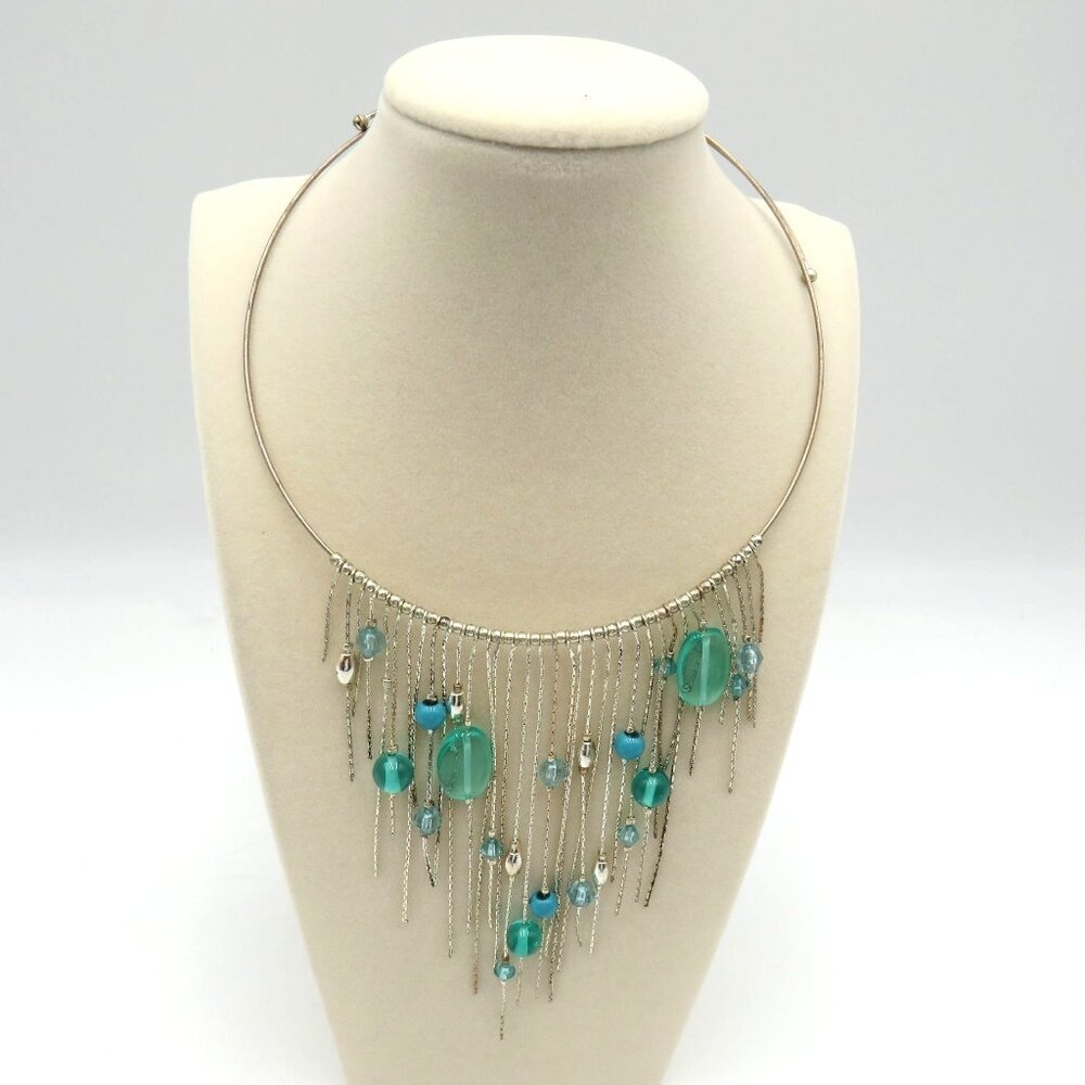 Fringe Choker Necklace 19"‎ Memory Wire Silver Tone Dangling Chains Blue Lucite